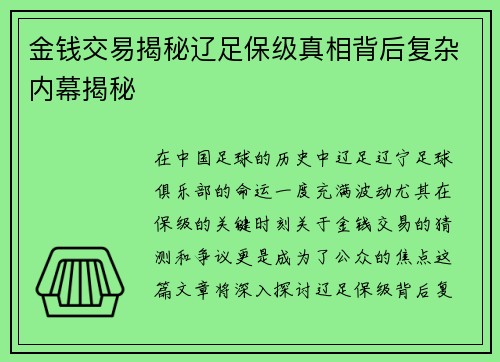 金钱交易揭秘辽足保级真相背后复杂内幕揭秘 金钱交易揭秘辽足保级真相背后复杂内幕揭秘